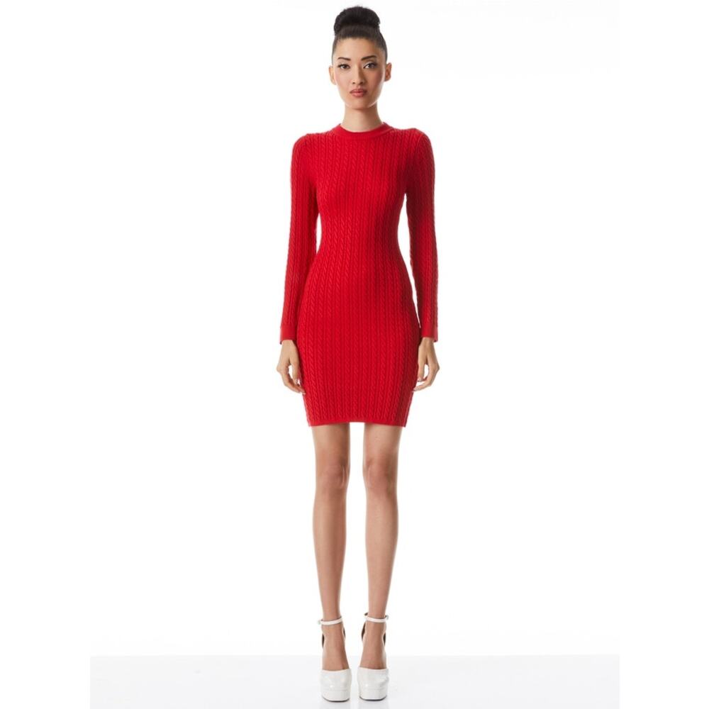 Alice + Olivia Red Yuna Cable Knit Long Sleeve Mini Bodycon Sweater Dress M
